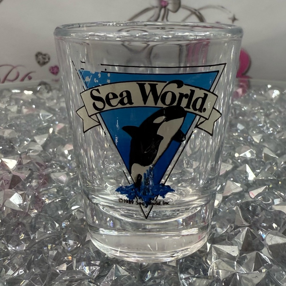 Seaworld 1989 shot glass Blue Logo Shot Glass - Clear Glass Collectible